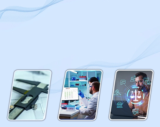 Visual showing lab testing, legal tech interface, and precision tools by Image Computer