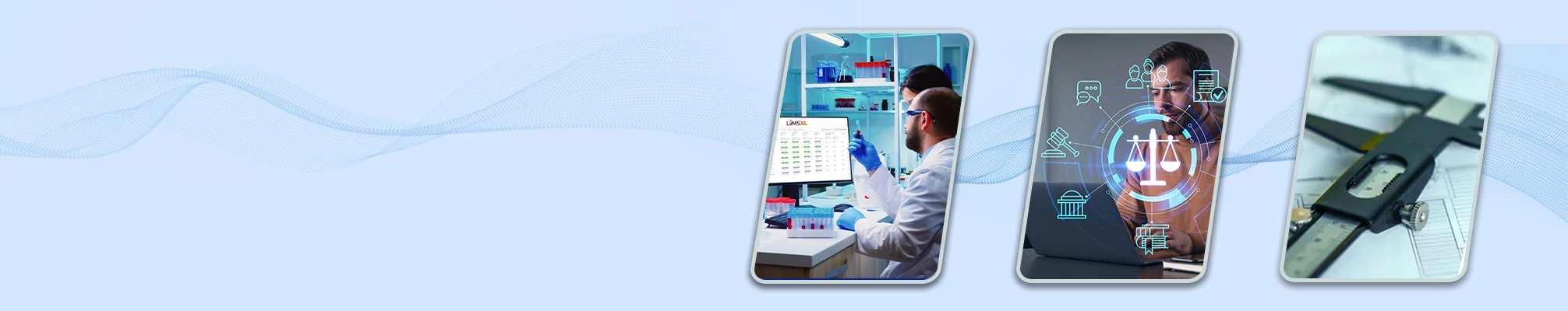 Visual showing lab testing, legal tech interface, and precision tools by Image Computer